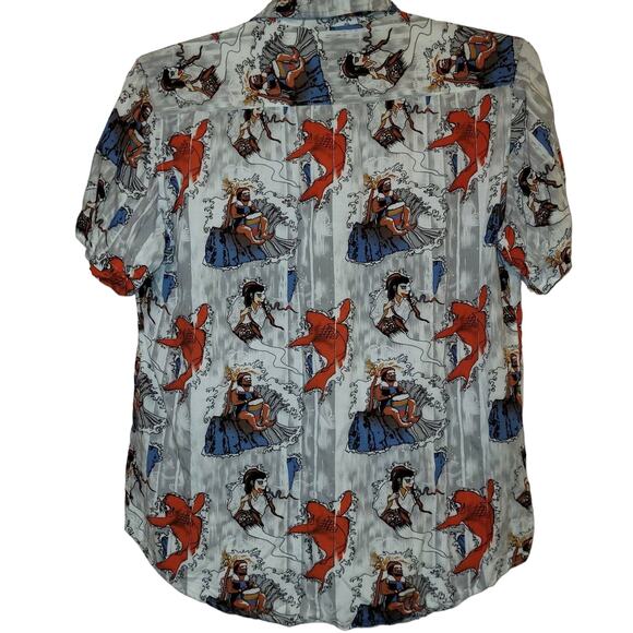 Book Oum orange koi fish button up shirt Med Novelty Indie Unique Asian - Picture 4 of 4